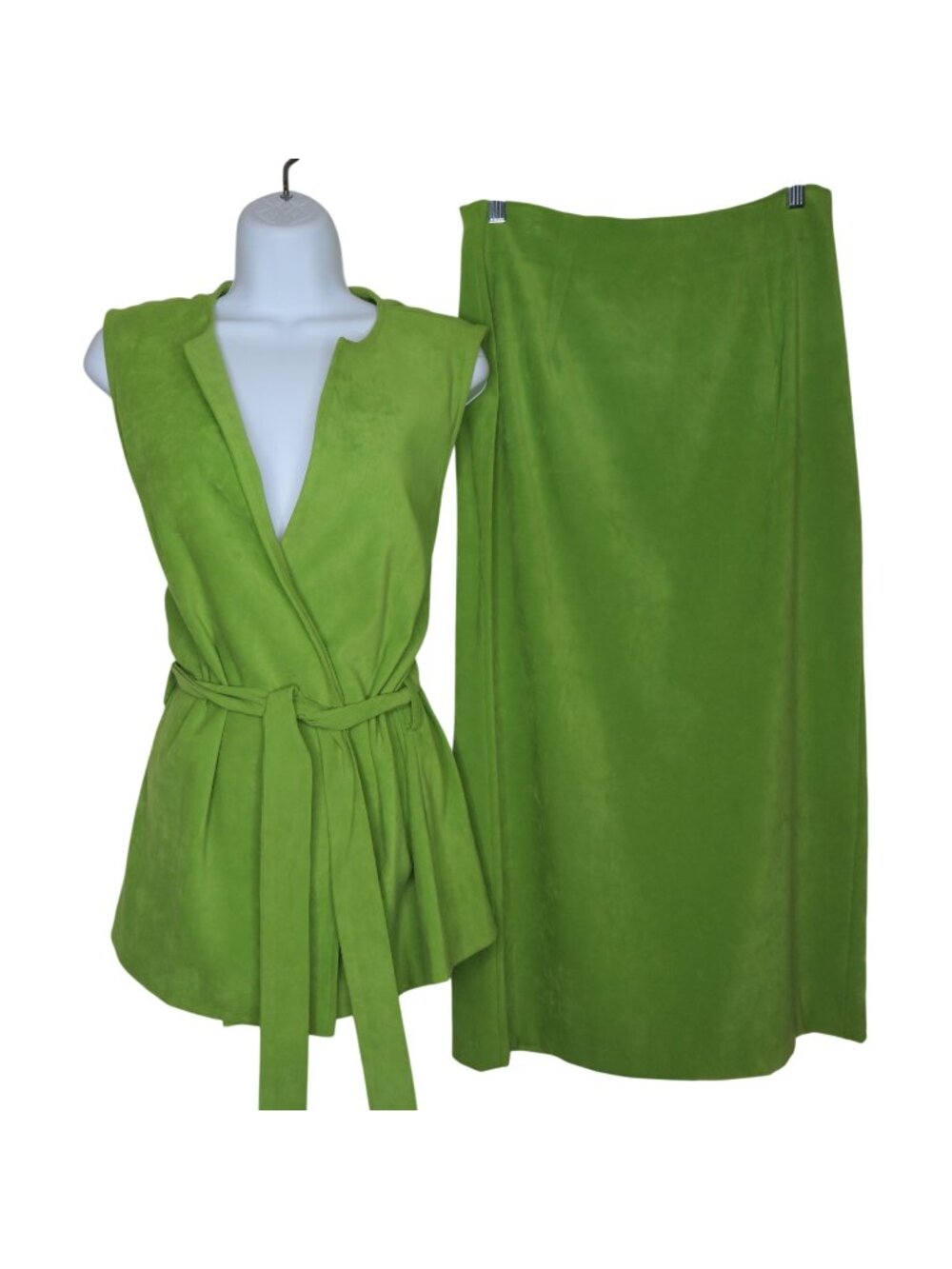 David Paul New York Vintage 80s Green Faux Suede Wrap Top Maxi Skirt Set Medium